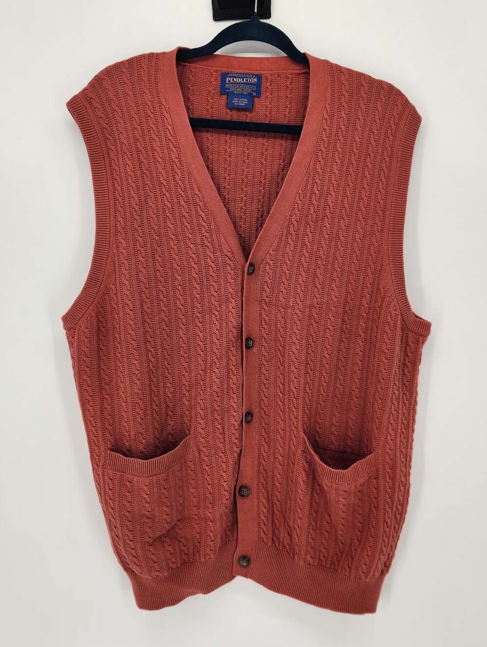 Vintage Pendleton 100% Cotton  Sweater Vest  V-Neck Button Front Size Large.